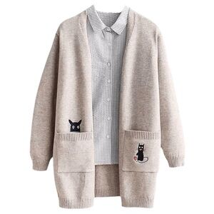 Embroidered Open Cardigan Beige Tan Knit Sweater XL cartoon characters anime